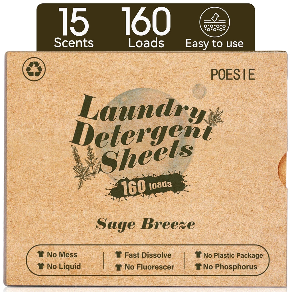 Laundry Detergent Sheets, Sage Breeze Scent, No Plastic, 160 Count, 1 Pack